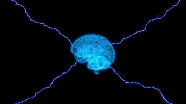 Digital human brain wireframe with electric lightning energy bolts