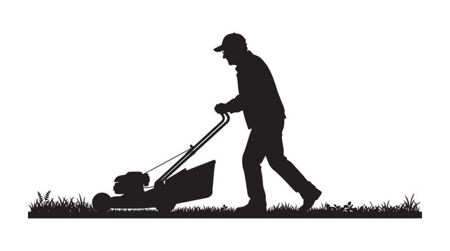 Man Mowing Lawn With Push Mower Black Silhouette