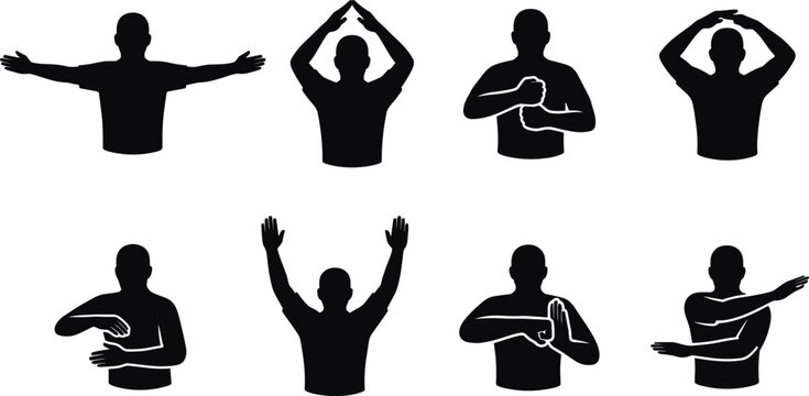 Set of male silhouettes showing various arm gestures and sign language positions isolated on a white background