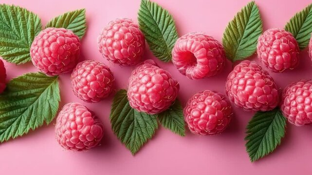 Fresh ripe raspberries with green leaves on pink background