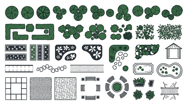 Landscape site plan CAD element kit planview tree canopy planting paving pool pond bench gazebo
