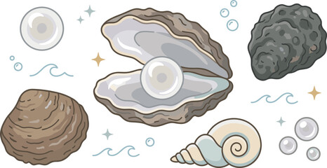 Vector oyster illustration set featuring open shell with shiny pearl closed bivalves sea snail shell bubbles and waves isolated on white background © Nasrin