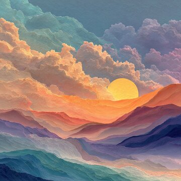 Abstract textured sunset over layered mountain peaks.