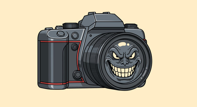 Darkly humorous illustration of a professional digital camera with a sinister grinning face reflected in the lens.