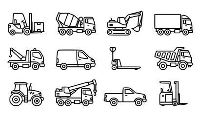 Vehicle types vector icon set with simple bold line art industrial forklift concrete mixer truck excavator and cargo delivery truck clip art black and white © Mdsahag