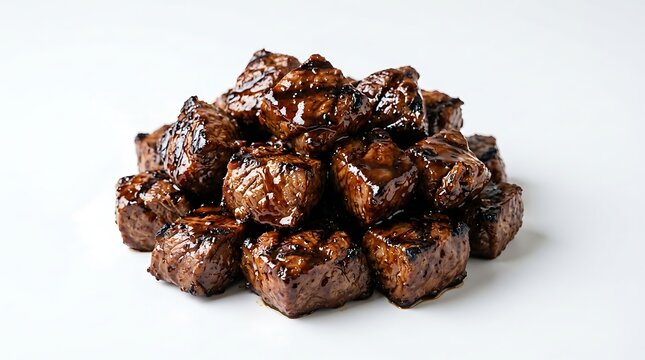 Grilled beef cubes with glaze isolated on white background