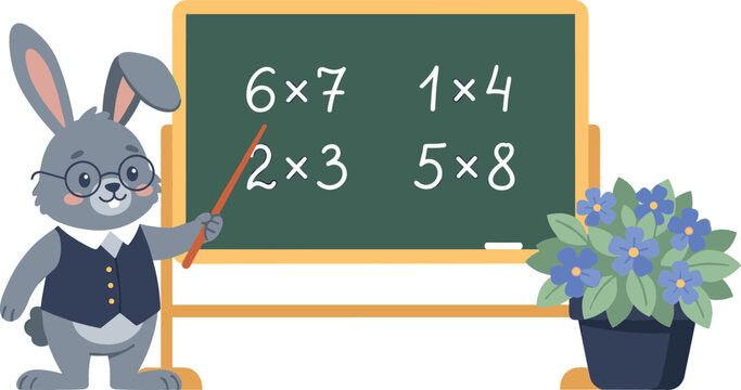 Cute Bunny Teacher Character Pointing at Blackboard with Multiplication Math Equations for Kindergarten Elementary School Education Website Designs and Kids Learning Media