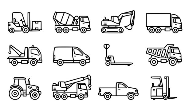 Vehicle types vector icon set with simple bold line art industrial forklift concrete mixer truck excavator and cargo delivery truck clip art black and white