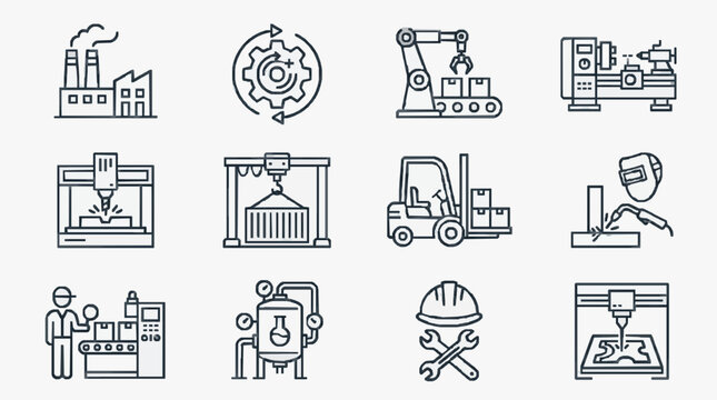 Corporate Icons Showcasing Modern Industrial Manufacturing and Automation Processes in Black and White