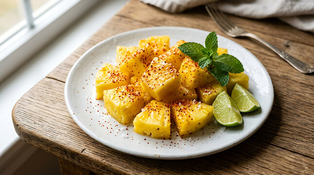 Pineapple chunks seasoned with chili powder are served on a white plate with fresh lime wedges and mint leaves for a refreshing tropical snack.