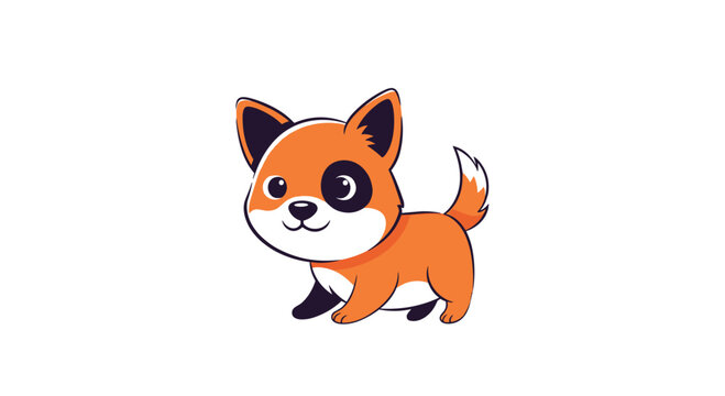 Cute little orange puppy or fox character with a distinctive black patch over its eye walks happily in a charming cartoon art style.