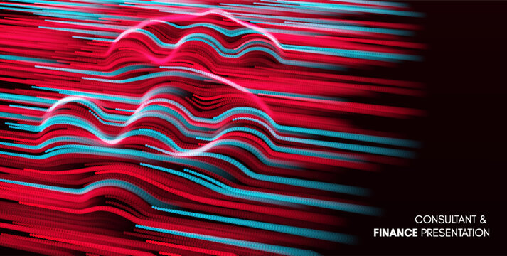 A dollar symbol embossed on a surface. Bright blue-red dotted lines shimmer with dynamic movement and energy. Business design. Cover design template. 3D illustration for presentation or web design.