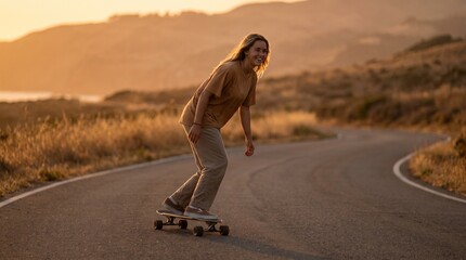 Obraz premium Young man skateboarding on road during sunset in nature 