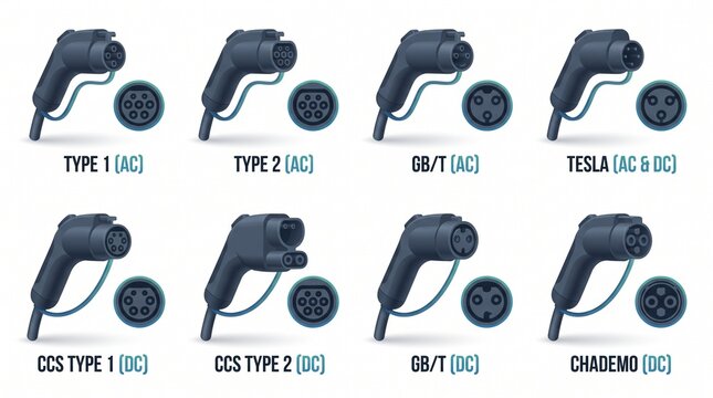 Eight detailed illustrations show various EV charging connectors and ports, including AC and DC types: Type 1, Type 2, GB/T, Tesla, CCS1, CCS2, GB/T, CHAdeMO.

