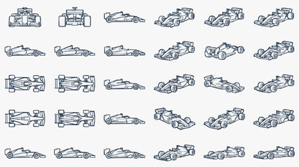 Obraz premium Minimalist Line Drawing Collection of Various Stylized Formula One Race Cars in Monochrome Blue and Black