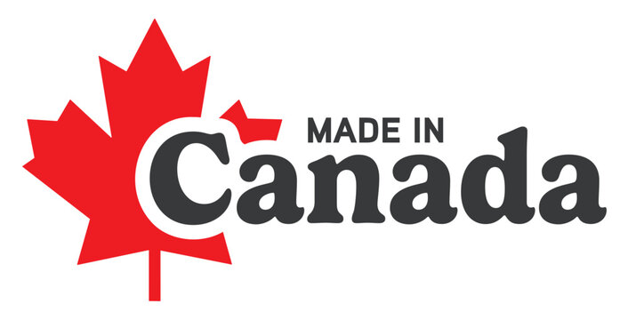 Made in Canada badge or icon. Canadian pride, local manufacturing and product quality. Red maple leaf with black text. Selective focus.