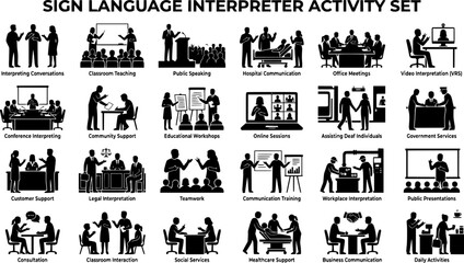 Obraz premium Sign Language Interpreter Silhouette Activity Set Inclusive Communication Editable Vector Collection