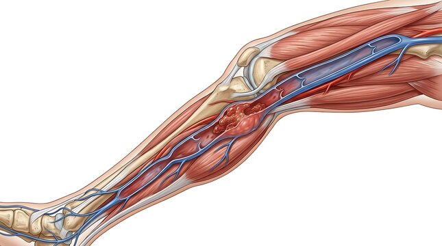 Deep vein thrombosis in human leg medical illustration