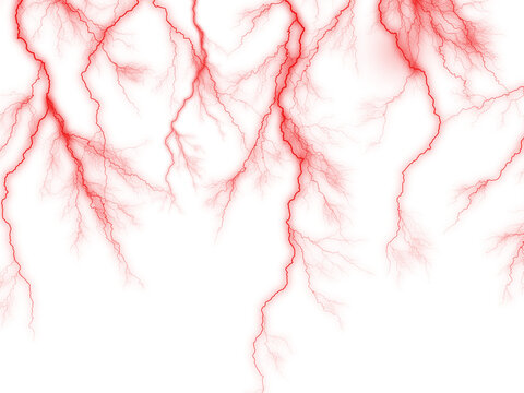 Red lightning bolts on white background, electric discharge effect with glowing veins, abstract energy strike pattern for creative design overlays