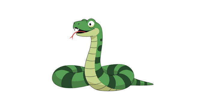 Long green snake with dark stripes and a flickering red tongue crawling across a plain white background in a cute cartoon style.