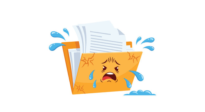 Distressed cartoon yellow file folder character crying with water splashing around symbolizing data loss or a broken system.