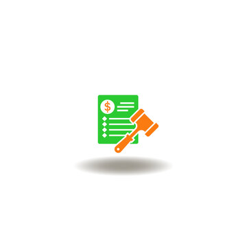 Vector illustration of sheet paper financial document with dollar currency and judge gavel. Symbol of FTC Federal Trade Commission.
