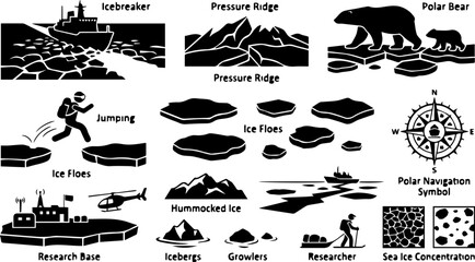 Arctic Pressure Ridge Silhouette Set – Ice Floes, Hummocked Ice, Polar Landscape Icons  © MinhajulIslam