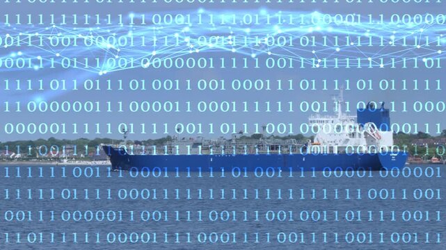a cargo ship with a binary code animation overlay and a digital grid wave from nodes and lines, motion graphics overlay concept for the digitalization of shipping