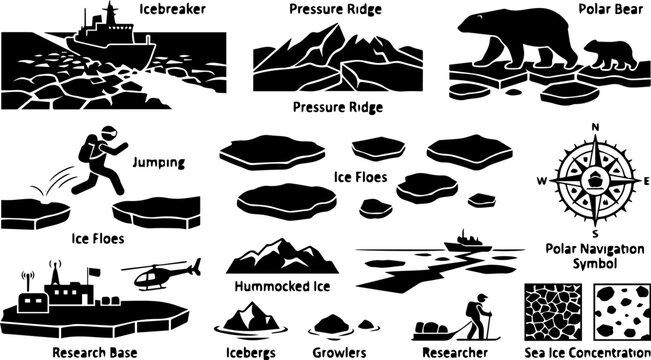 Arctic Pressure Ridge Silhouette Set &ndash; Ice Floes, Hummocked Ice, Polar Landscape Icons
