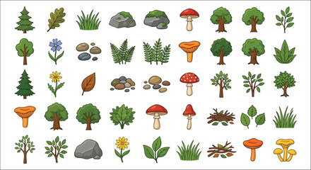 Forest Elements Collection Trees Mushrooms Rocks And Foliage Vector Illustration © Sagor