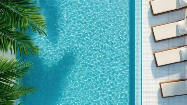 Aerial view of sunlit swimming pool with lounge chairs and palm fronds