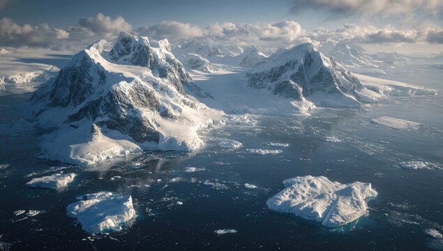 Aerial view of icy mountains surrounding Antarctic waters.