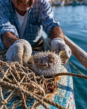 A weathered Greek fisherman on a small boat inspects a bright pufferfish with gloved hands, its beak-like teeth and spines visible above tangled nets. Blue harbor water, sun-faded wood.