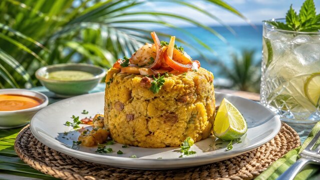 Shrimp mofongo served with lime and dipping sauces on a seaside table