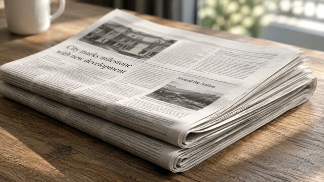 Folded stack of newspapers on a wooden table beside a coffee mug, bathed in morning light with a blurred window background
