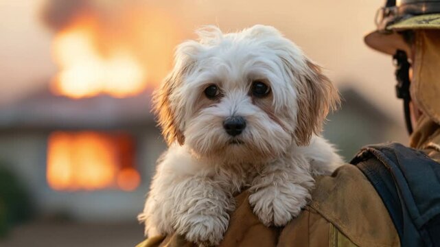 Small white fluffy dog being rescued and held by firefighter wearing protective gear with blurred fire in background during emergency response