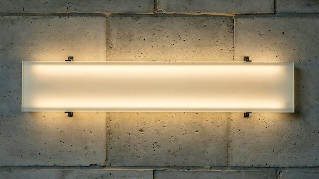 Blank backlit rectangular frosted glass sign illuminated by warm white LED glow, secured by  two small metal brackets, mounted to concrete wall background
