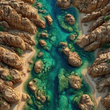 Aerial view of turquoise lagoon between rocky desert cliffs