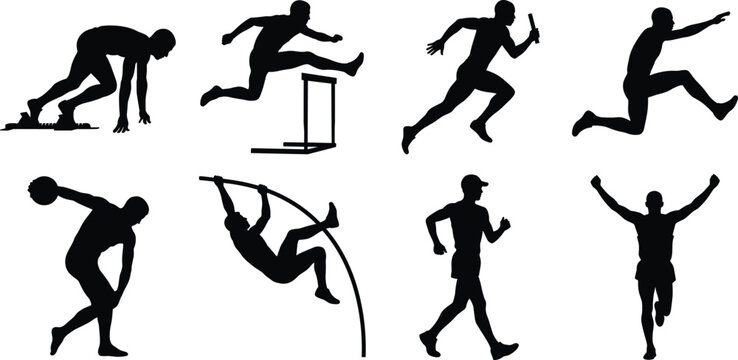 Track and Field Athletics Silhouette Collection Featuring Sprinting Hurdles Relay Running and Pole Vault