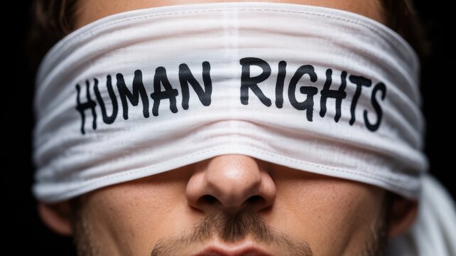 Closeup of a person wearing a white blindfold with human rights written on it, symbolizing injustice or denied rights