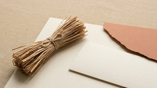 Bundle of raffia fiber with blank paper sheets and torn terracotta cardstock
