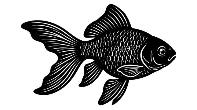 A black and white illustration of a goldfish swimming in water s1 (6)