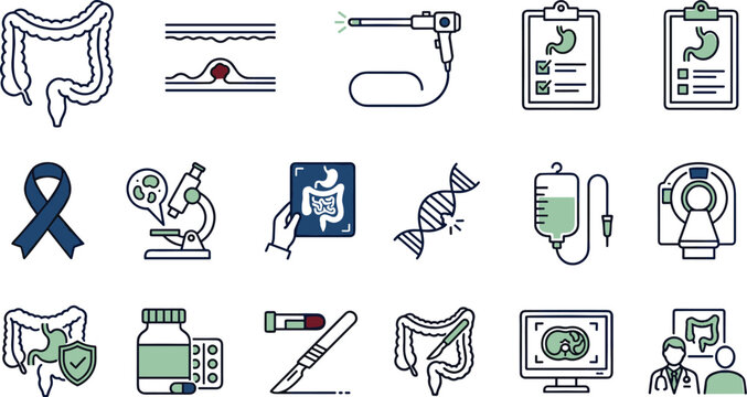 Digestive Health and Gastroenterology Icon Set Featuring Colon Care Endoscopy DNA Research Stomach Diagnostics and Medical Treatment Symbols