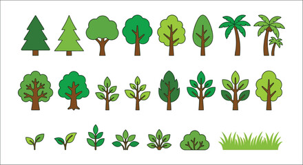 Variety Of Trees And Grass Vector Illustration On White Background © Sagor
