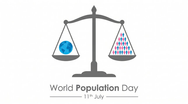 World Population Day concept with justice scales, global earth and human icons on 11th July, demographic balance and overpopulation awareness illustration