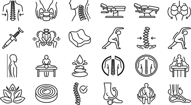 Chiropractic Therapy and Spine Care Icon Set Featuring Back Pain Relief Posture Correction Orthopedic Treatment and Rehabilitation Wellness Symbols