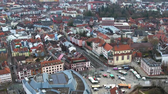 Aerial view beside the old town above the city  of Aschaffenburg in Germany on a cloudy early spring day