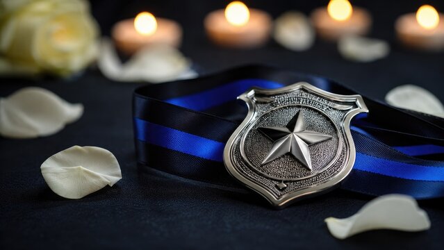 Silver police shield badge on a thin blue line ribbon amid rose petals and candlelight, a solemn law enforcement memorial tribute