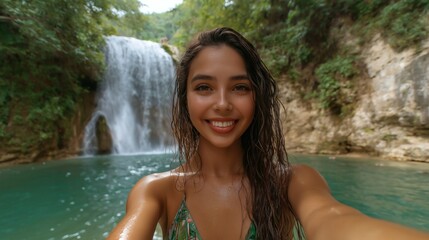 Fototapeta premium Smiling woman taking selfie at tropical waterfall