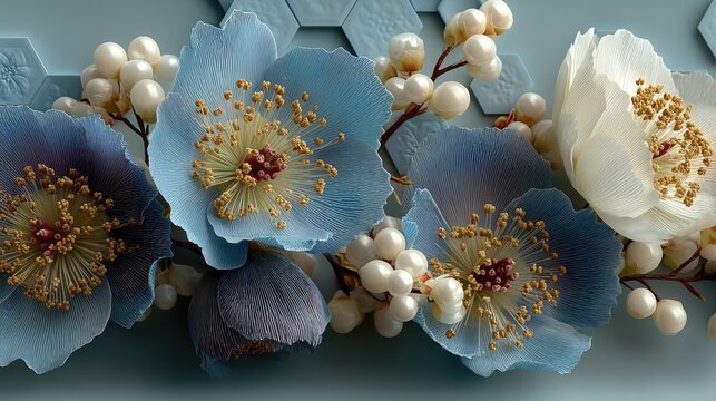 Artistic blue and white paper flower border.